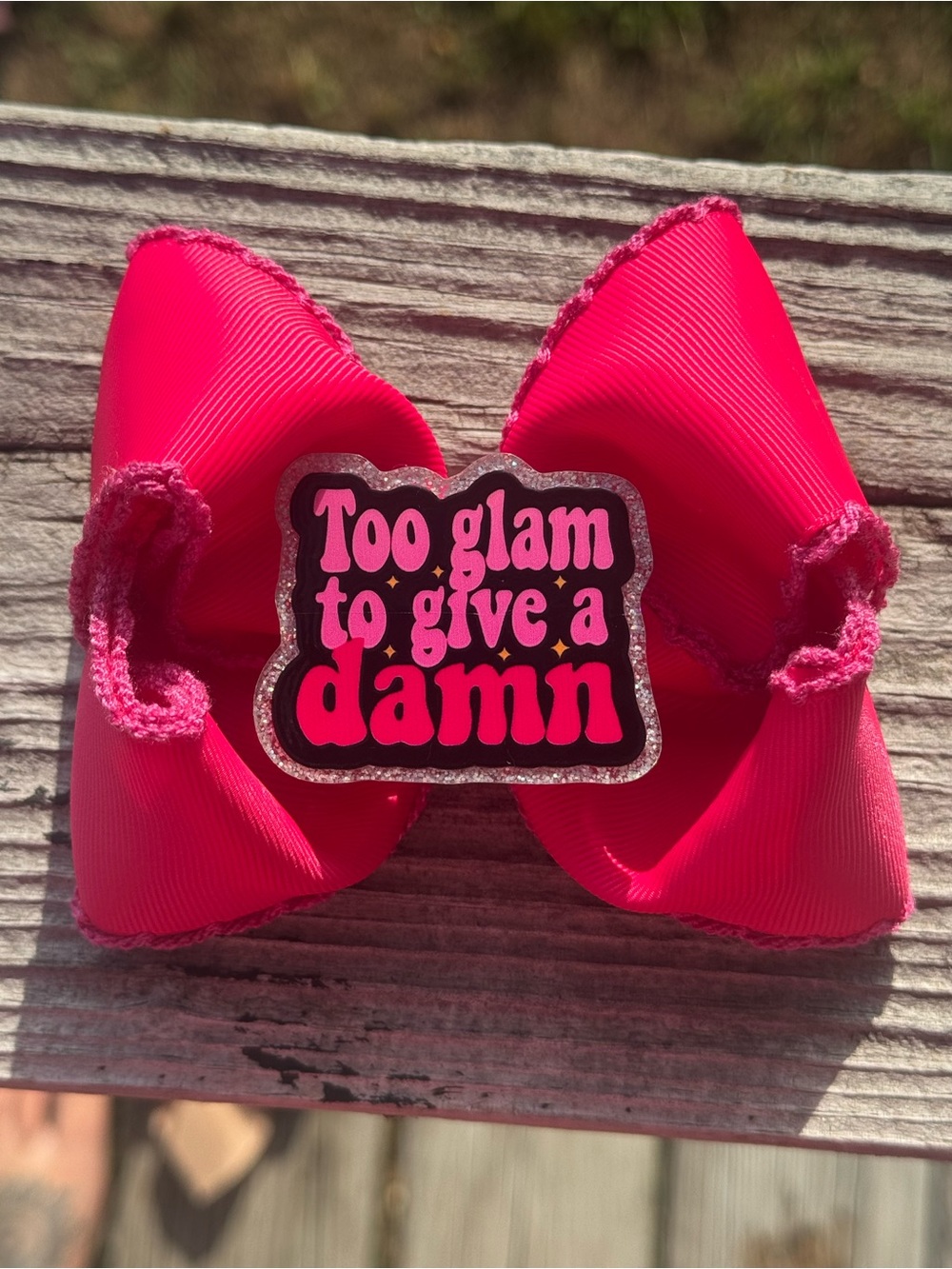 Hot Pink Kids Hair Bow with 'Too Glam to Give a Damn' Badge